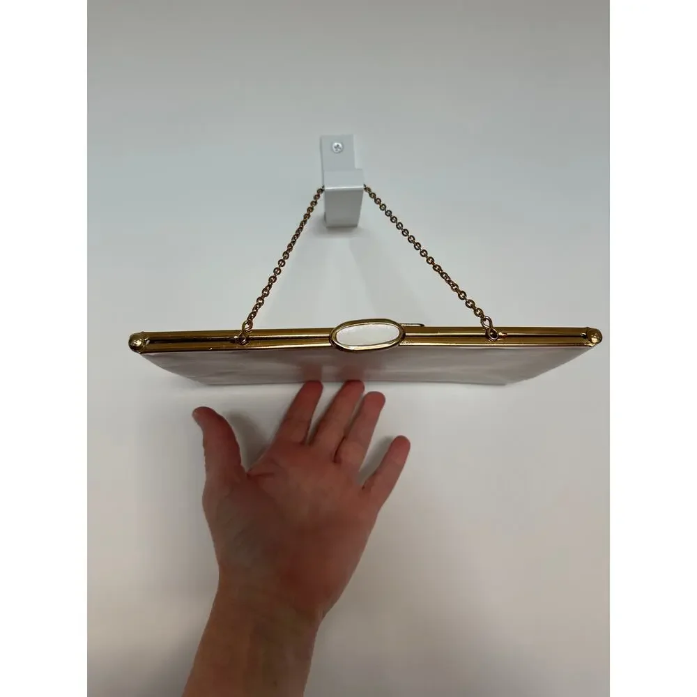 70s Etra white clutch with gold metal frame and matching gold chain strap